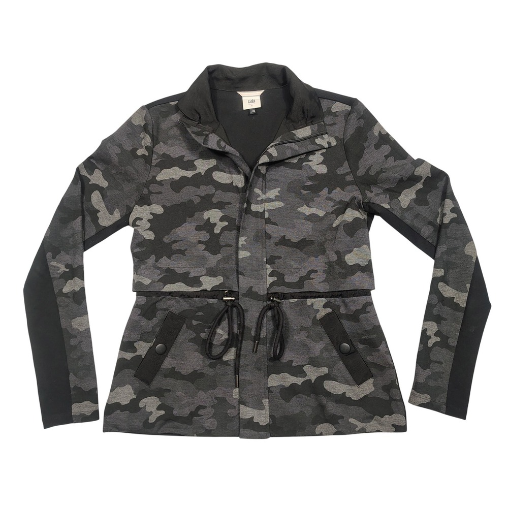 Cabi Jacket Womens S Rayon Camouflage Drawstring Waist Black Grey 3911 Utility